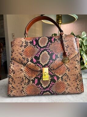 Brahmin Brown & Pink Python-Embossed Satchel with Gold Hardware